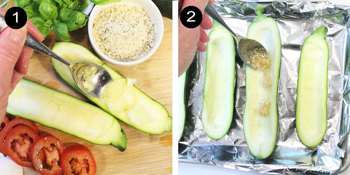 1st 2 steps in zucchini prep - scraping out zucchini and rubbing with oil.