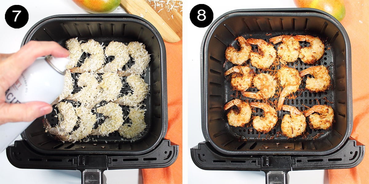 Air fried shrimp in air fryer before and after cooking.