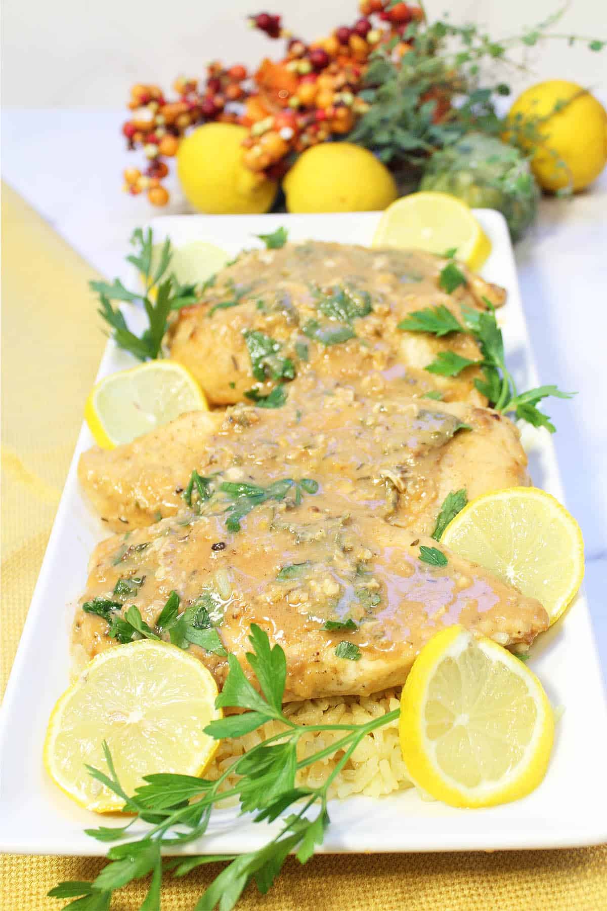 Chicken on white platter with wine sauce and garnished with lemon slices and parsley.
