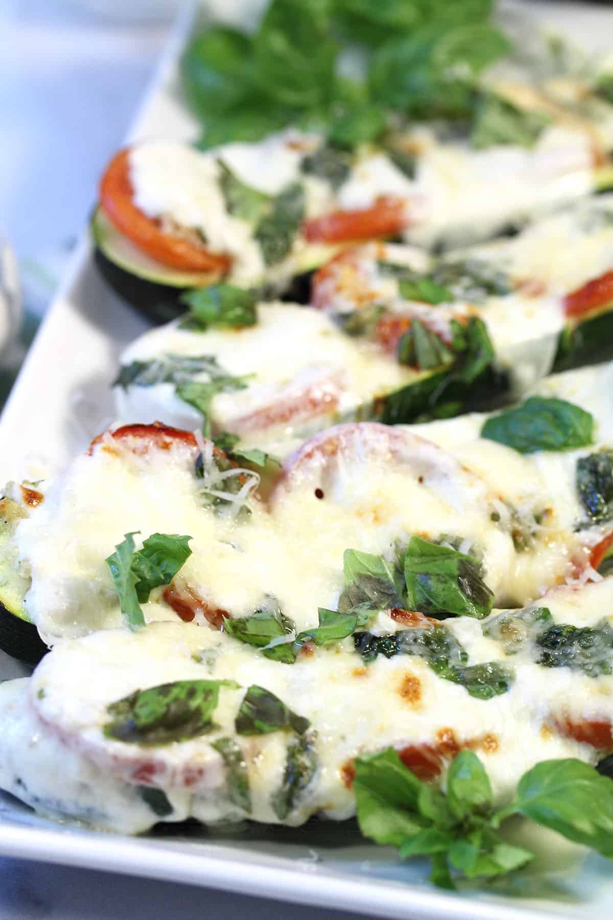 Closeup of zucchini boats.
