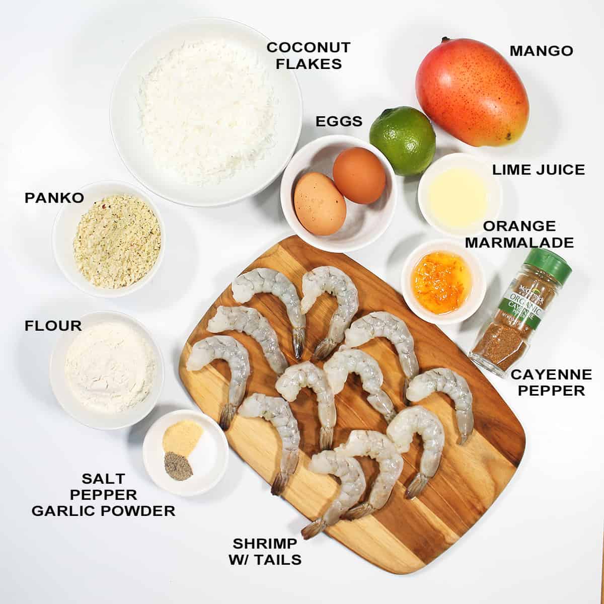 Ingredients for air fryer shrimp and dipping sauce.