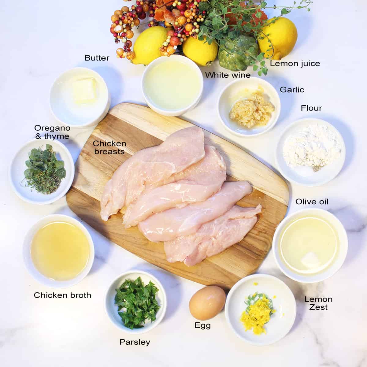 Lemon Chicken ingredients on white table labeled.