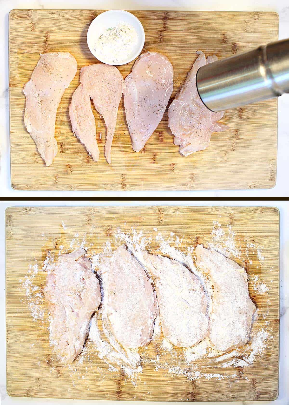 Prepping chicken on wooden cutting board.