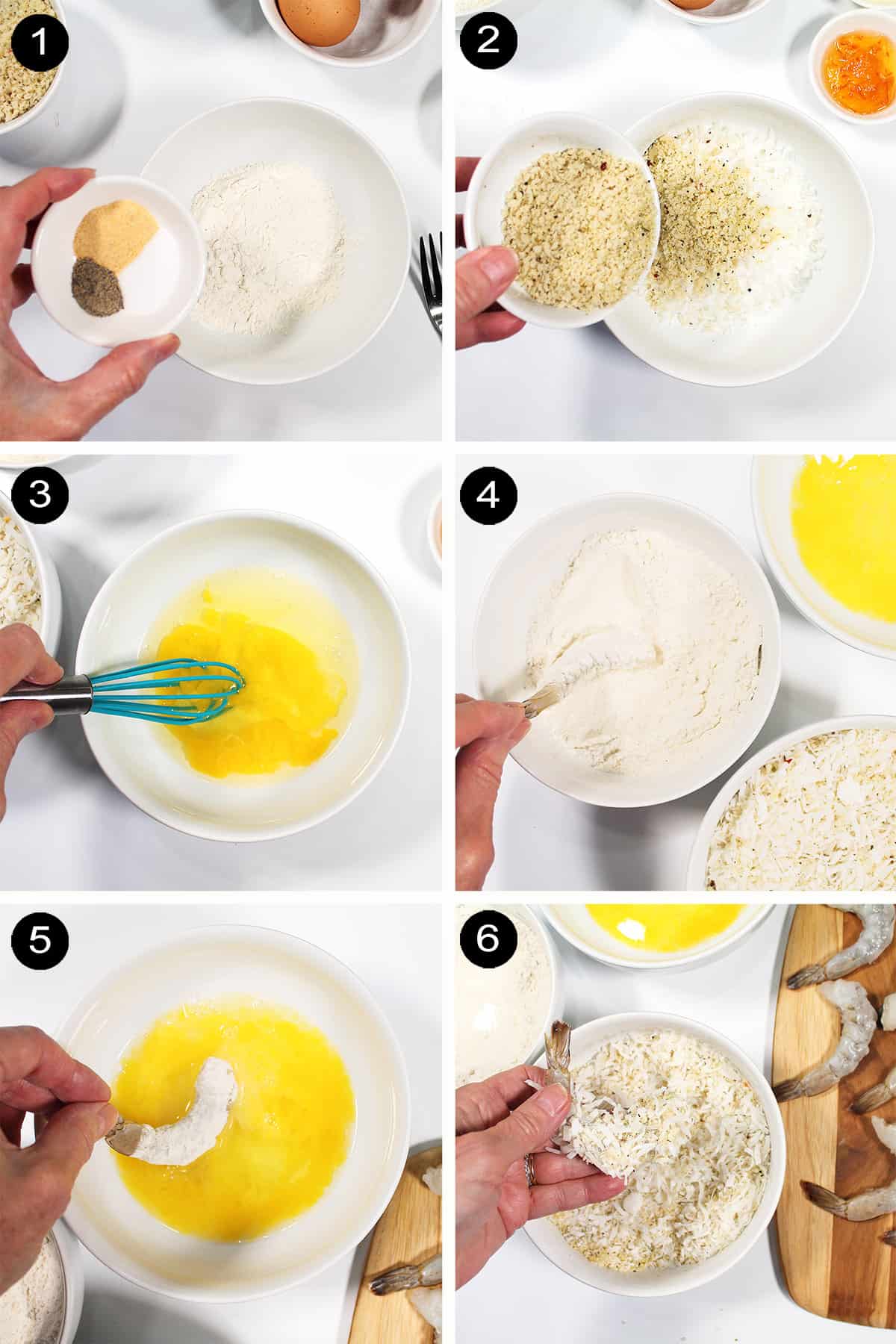 Steps to make air fryer coconut shrimp.