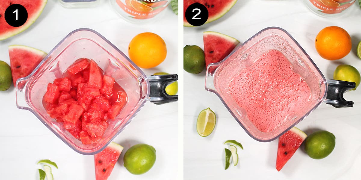 Prep steps to make a homemade watermelon margarita.