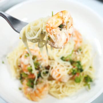 Bite of shrimp pasta with white wine.