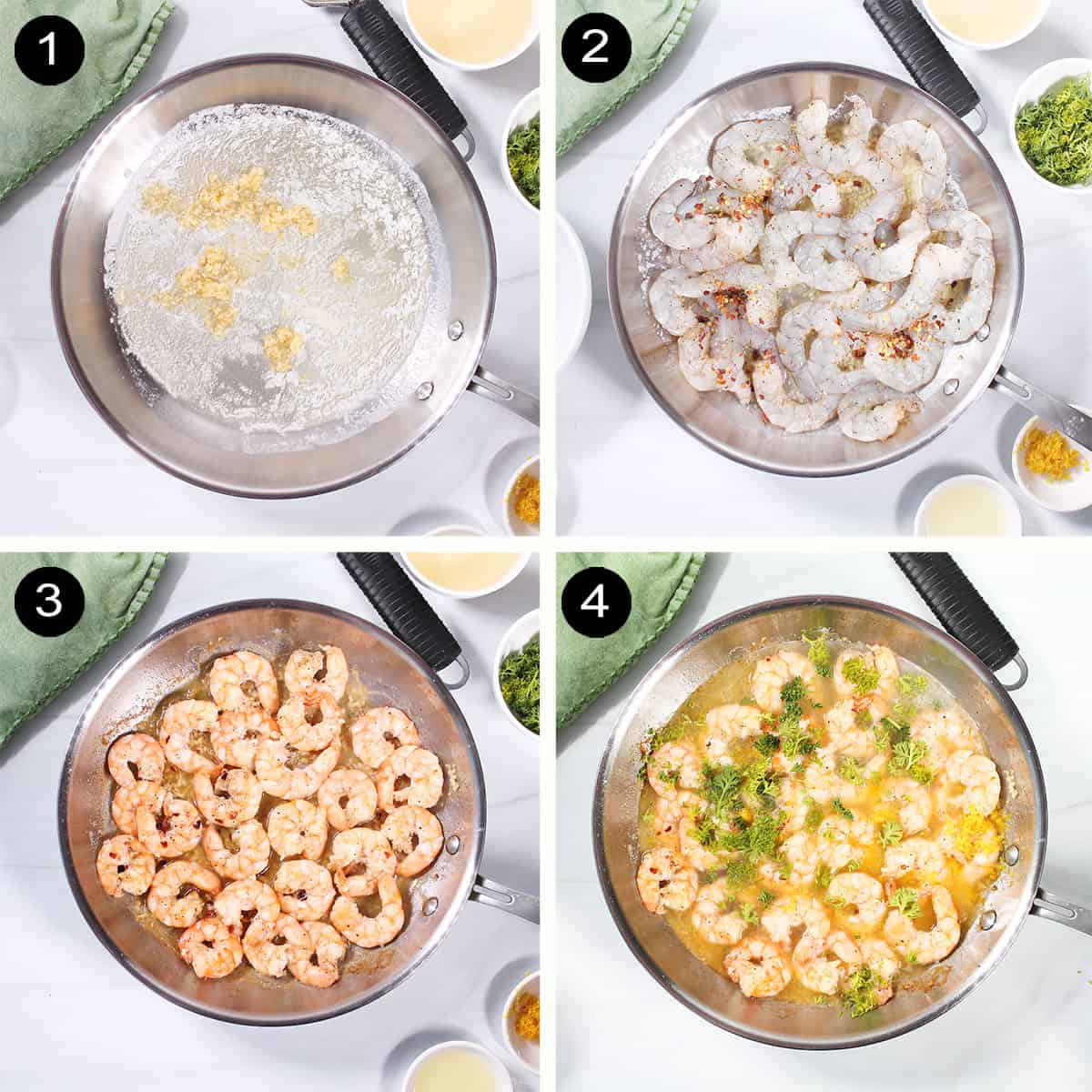 Prep steps to make shrimp white wine pasta.