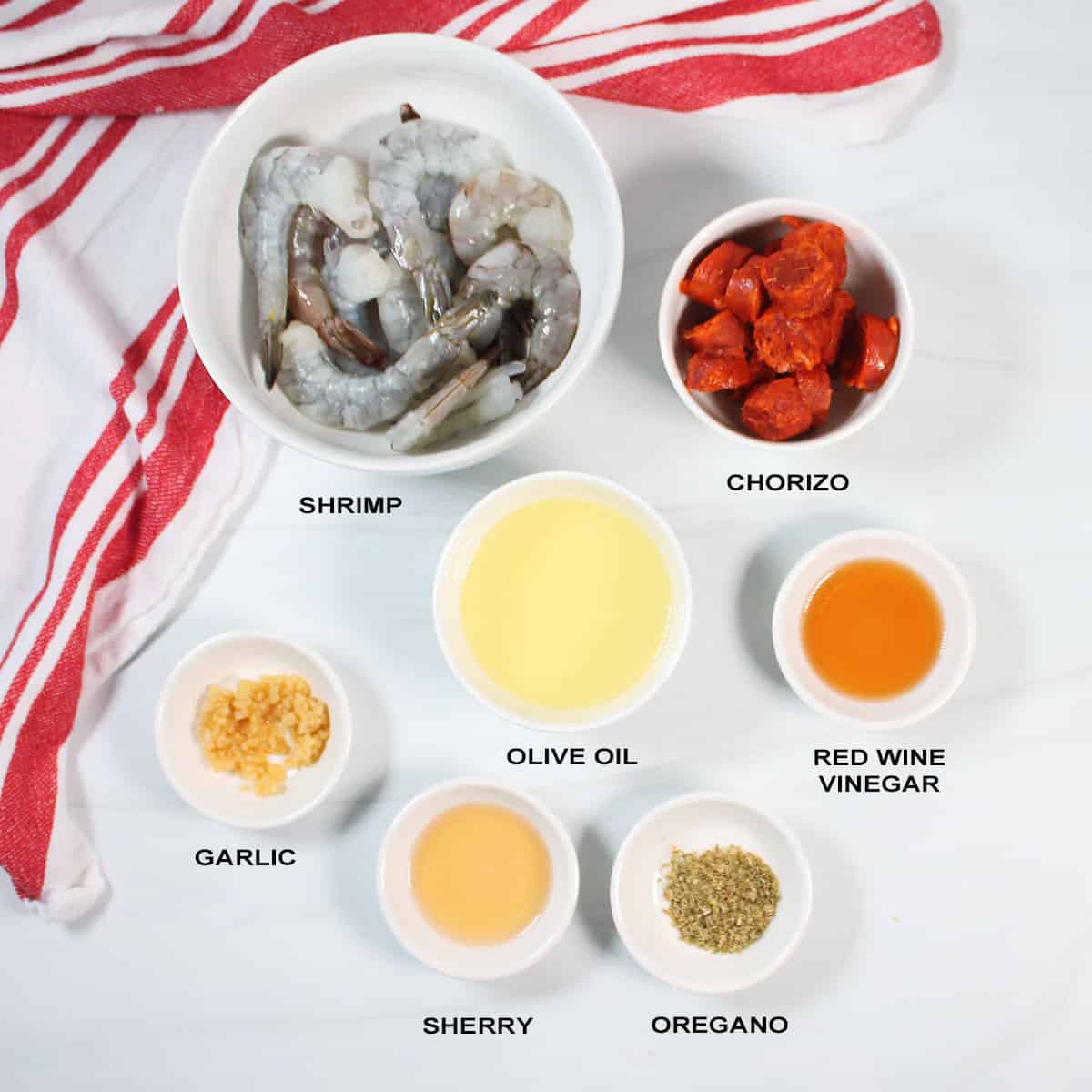 Ingredients for shrimp and chorizo recipe.