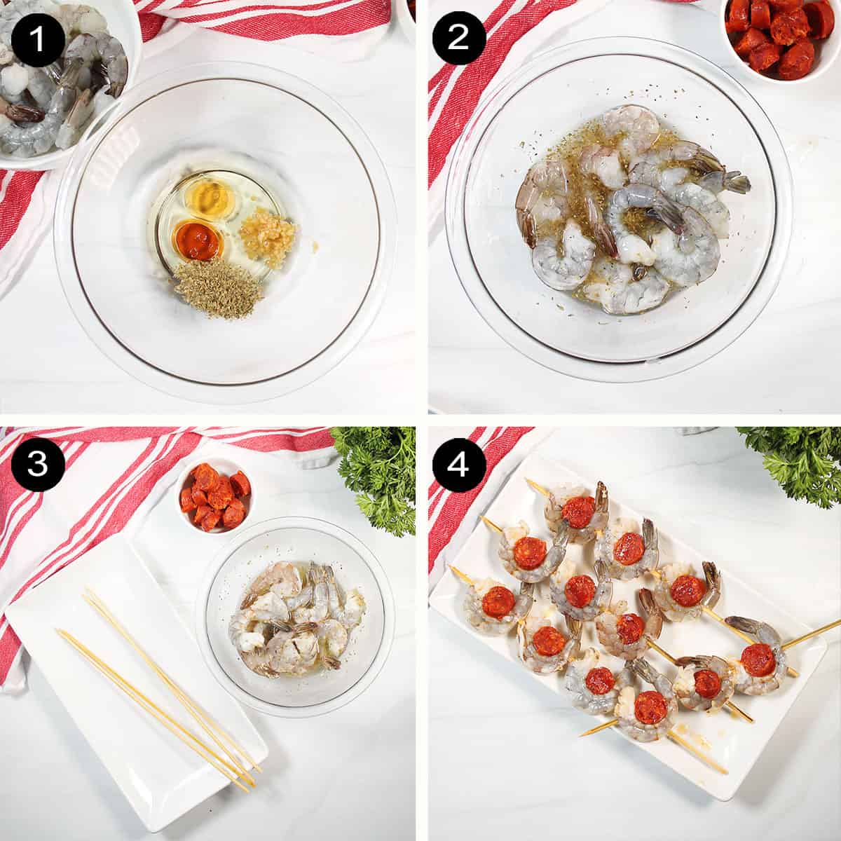 Prep steps marinating shrimp and skewering chorizo and shrimp.
