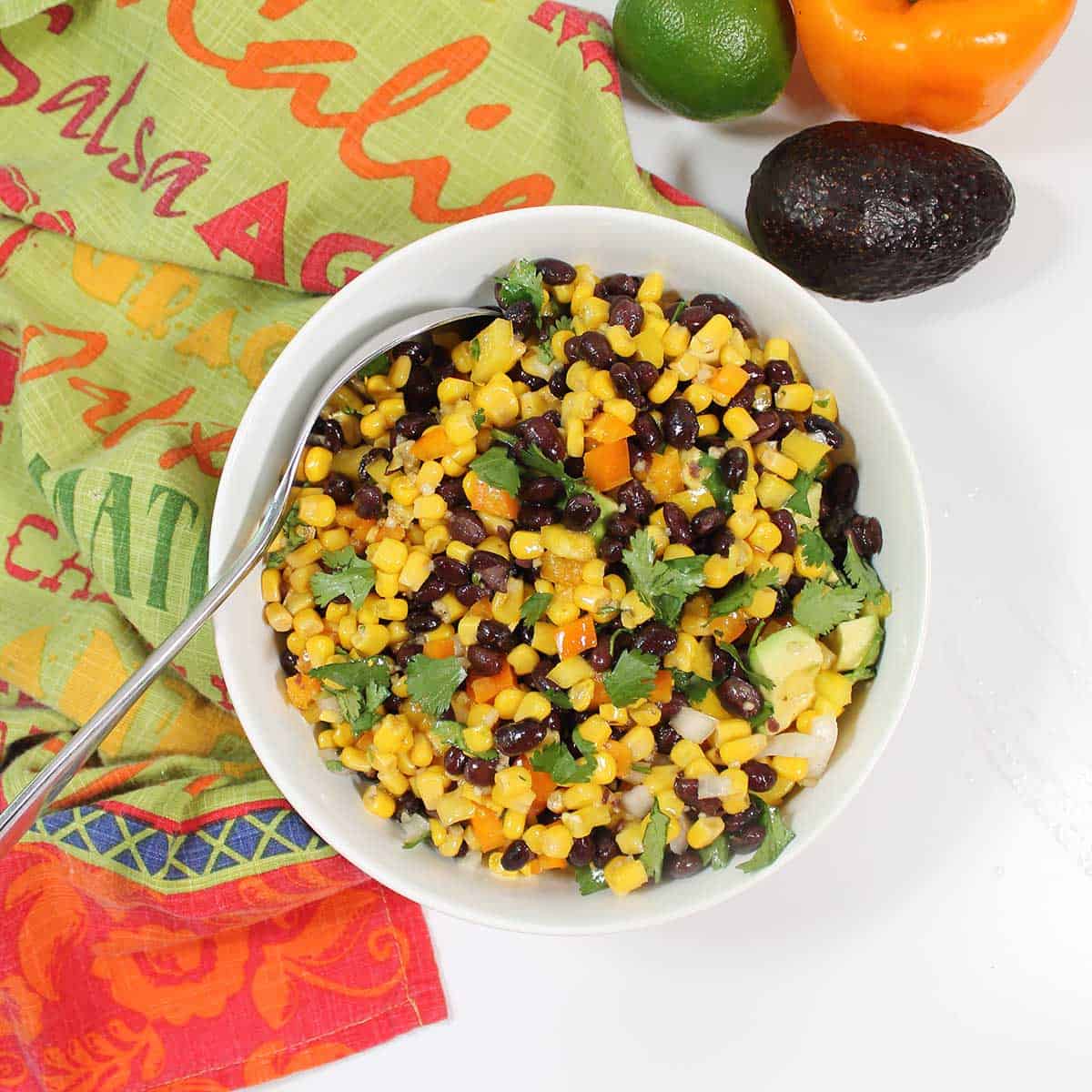 Overhead of black bean corn salad.