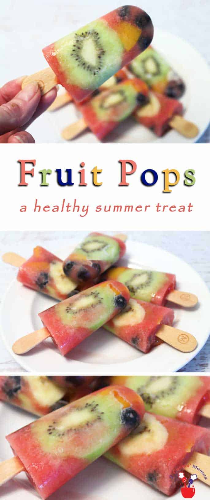Fruit Popsicles on white plate with text overlay stating Fruit Pops a healthy summer treat.