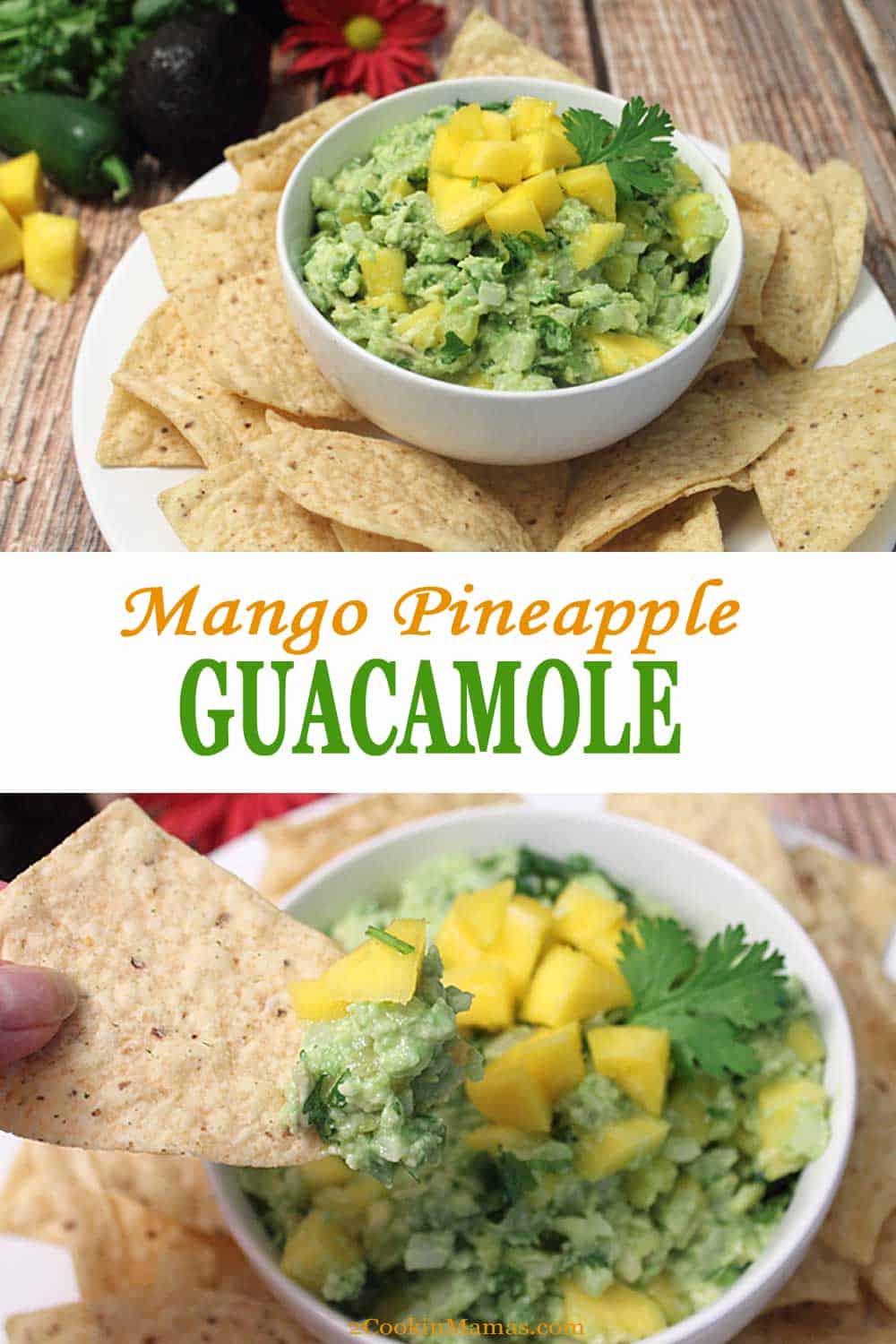 two photos of mango guacamole, one in bowl with chips around it and one dipping chip into it. Text overlay stating Mango Pineapple Guacamole.