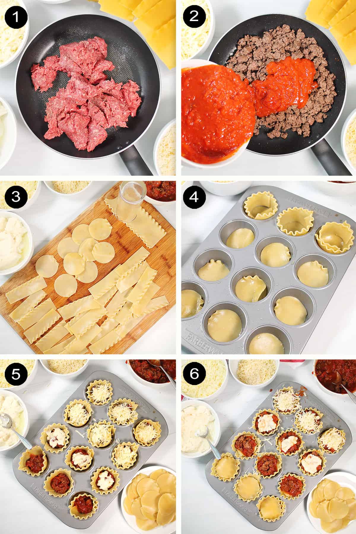 Steps to make mini lasagna cups.