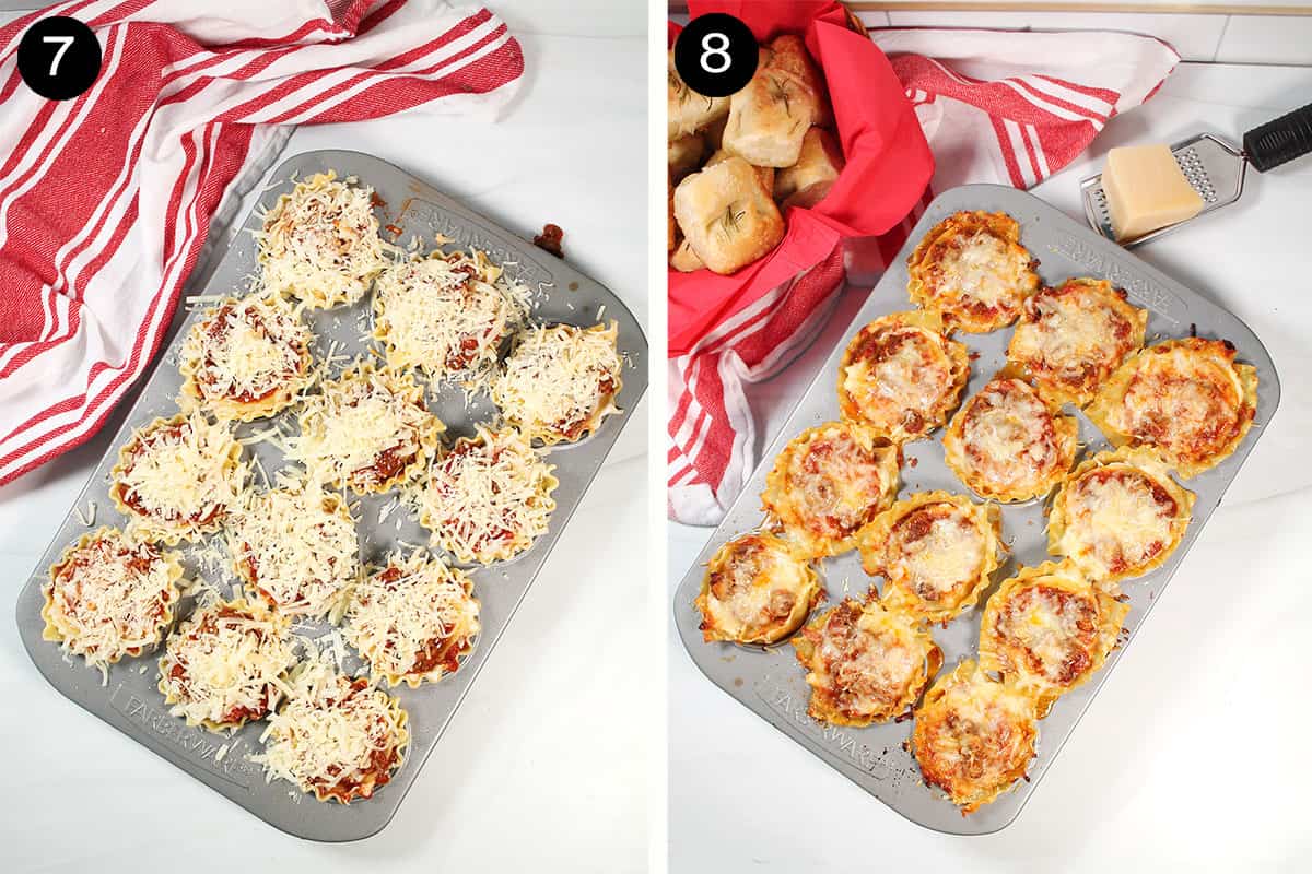 Unbaked and baked muffin tin lasagna.
