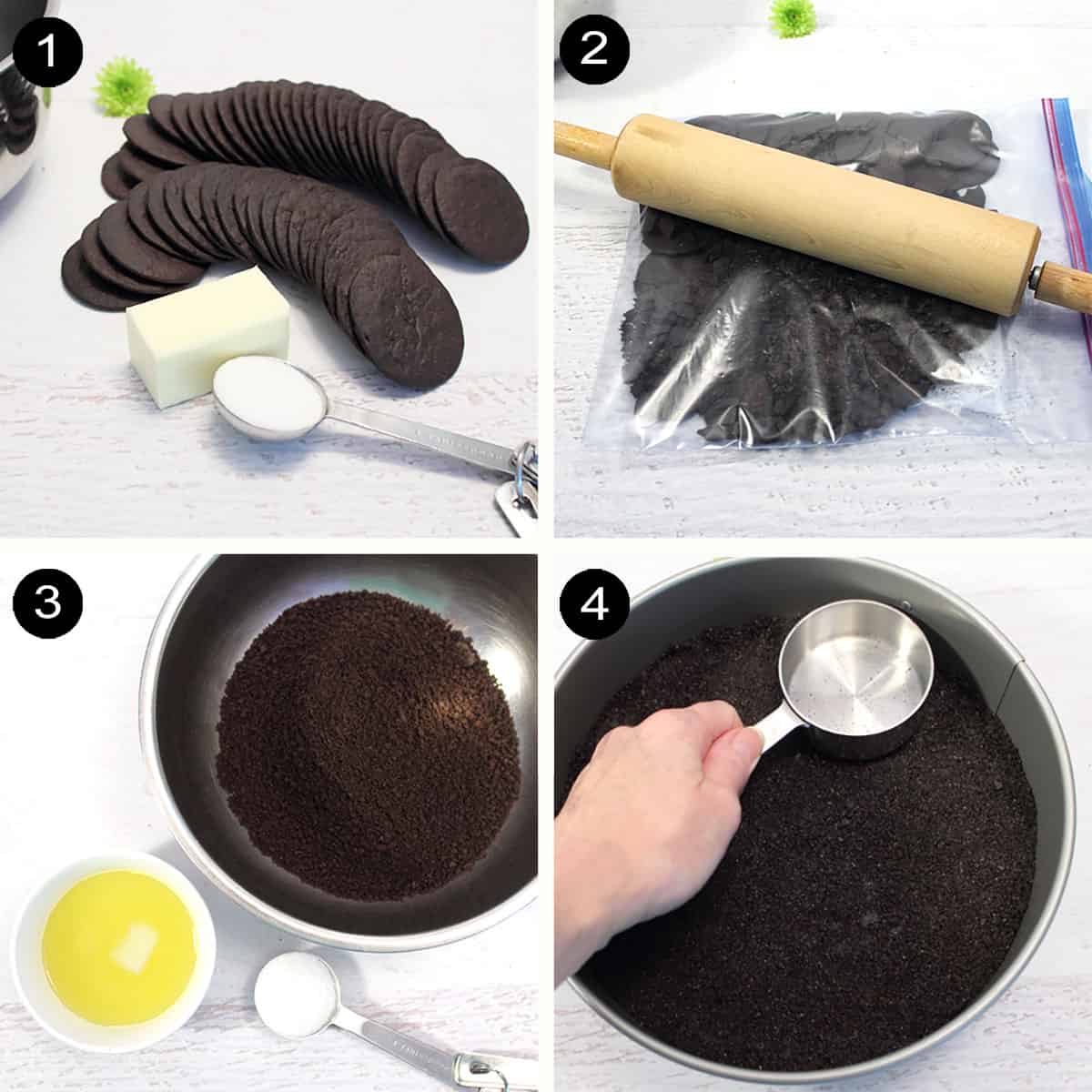 Making chocolate cookie crust prep.