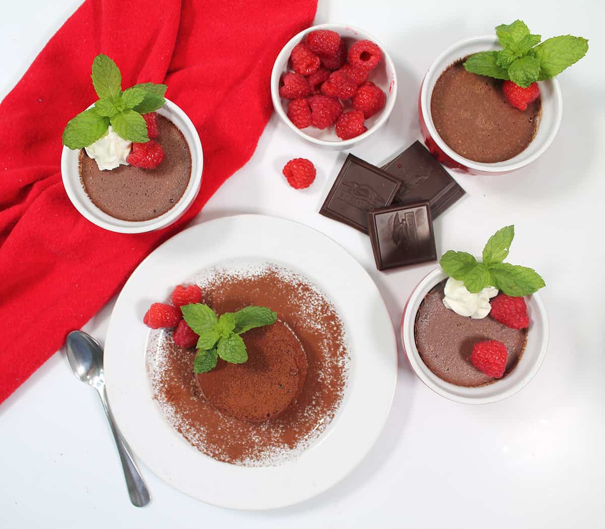 Overhead of cocoa dusted panna cotta next to garnished ramekins.