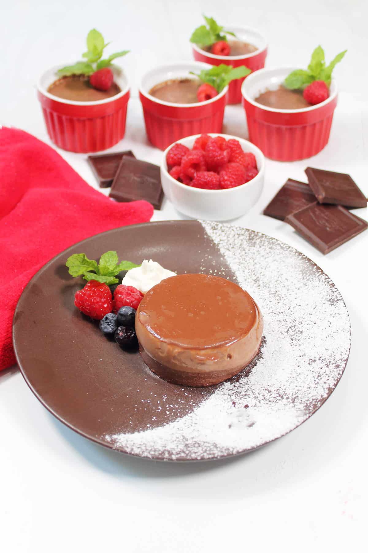 Chocolate Panna Cotta on decorated plate with ramekins in back.