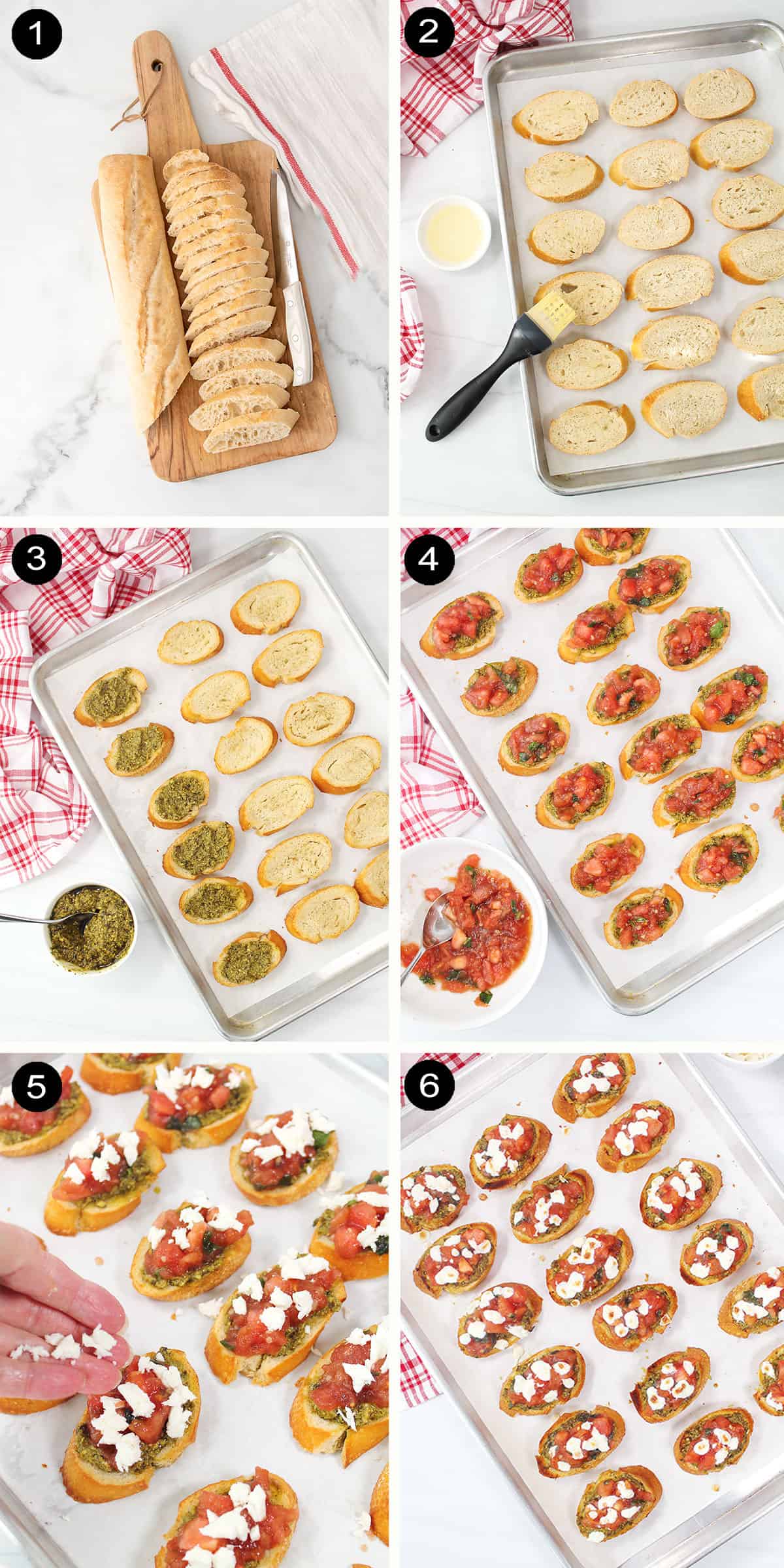 Prep steps for bruschetta with pesto.