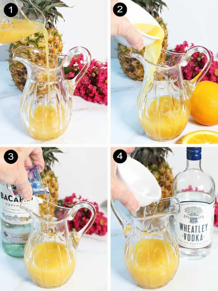 Steps 1-4 for making Blue Long Island cocktail.