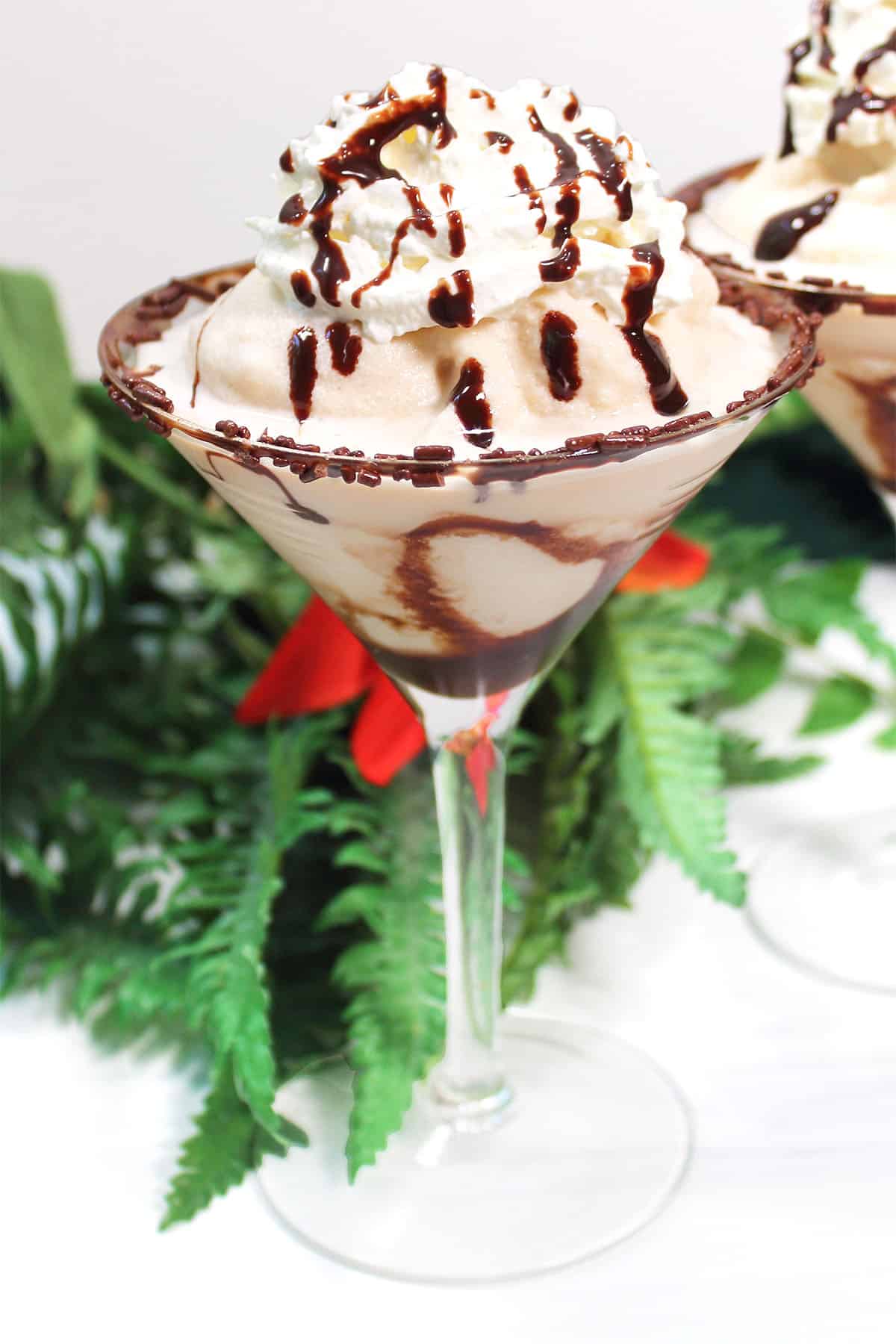 Single Frozen Mudslide cocktail with whipped cream and chocolate syrup.