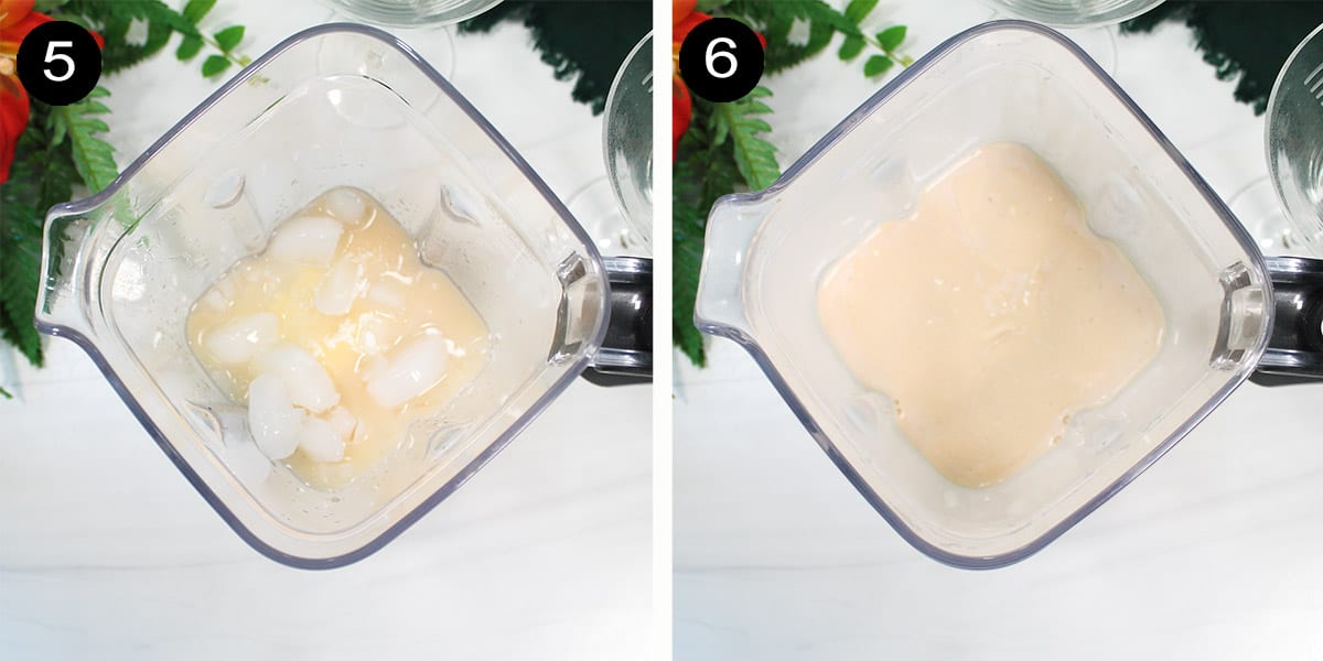 Drink in blender, unblended and blended.