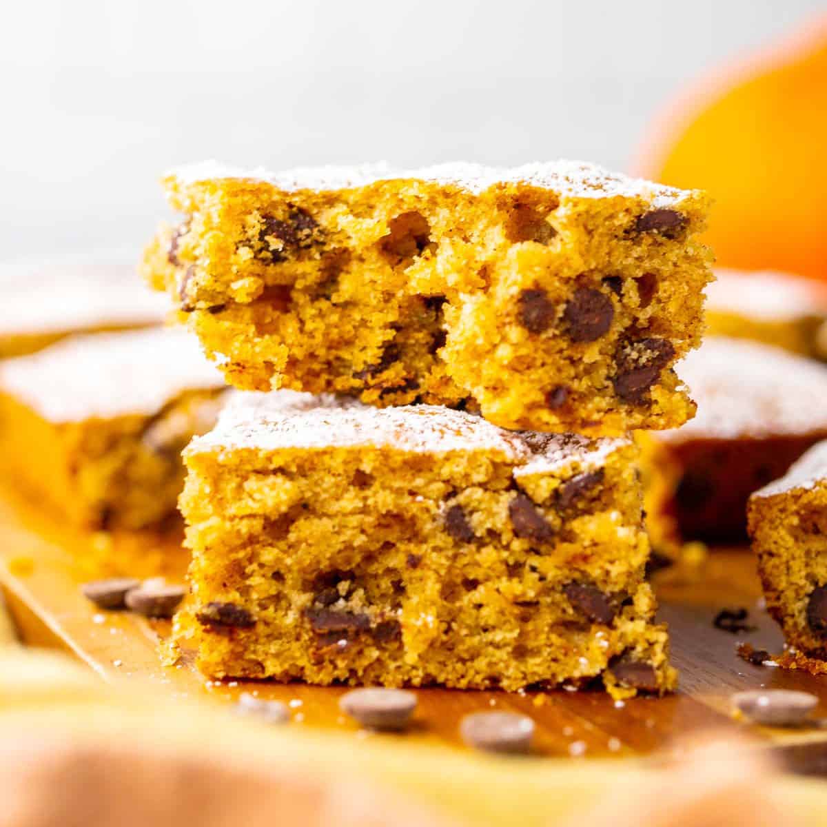 Pumpkin Chocolate Chip Bar with bite out of it.