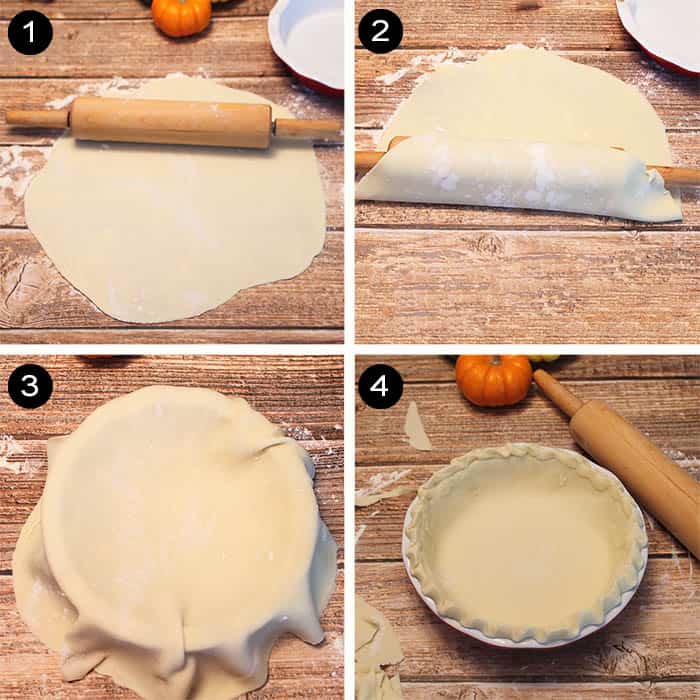 Rolling out pie crust and putting in pie plate steps.