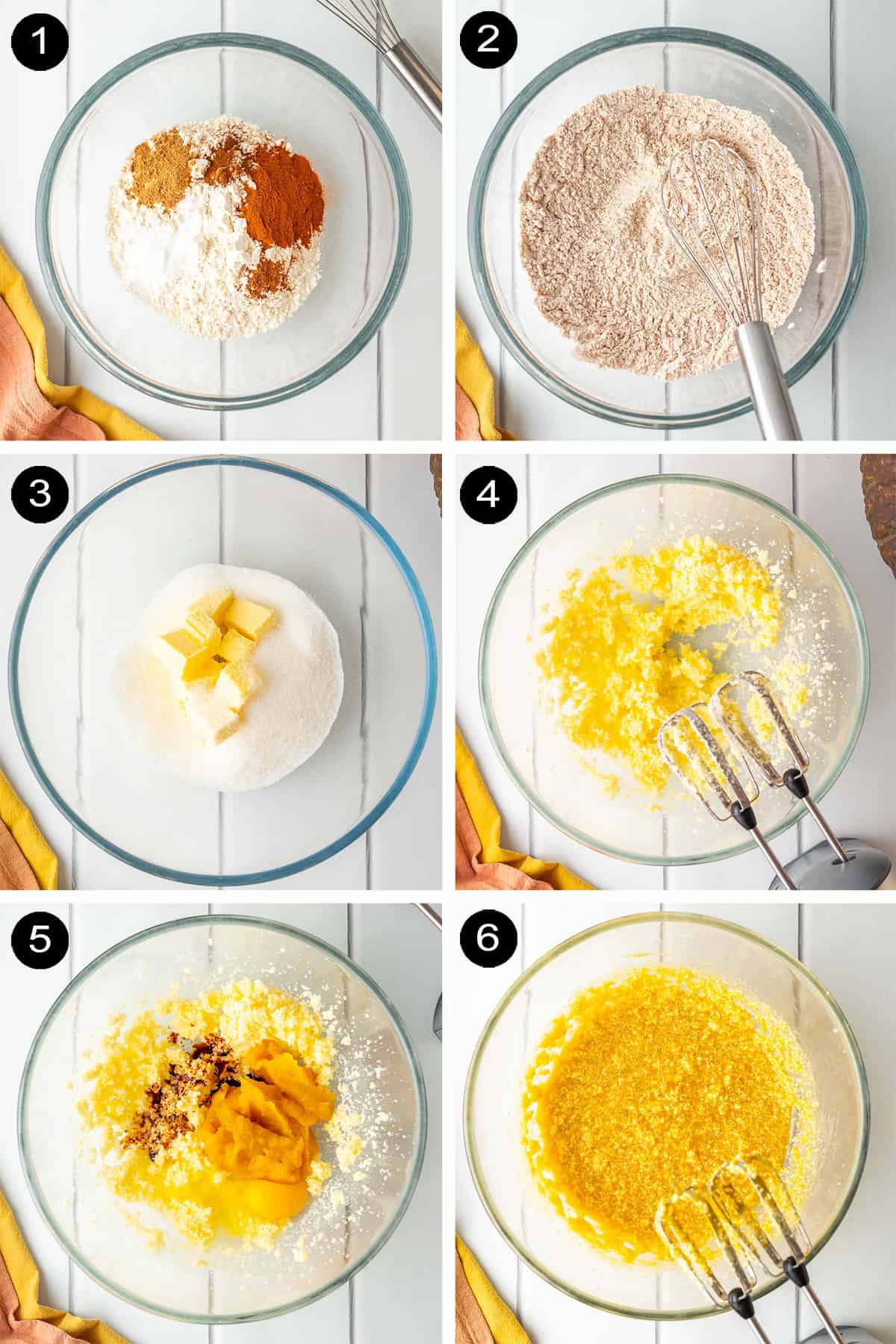 Steps 1-6 to make pumpkin bars with chocolate chips.
