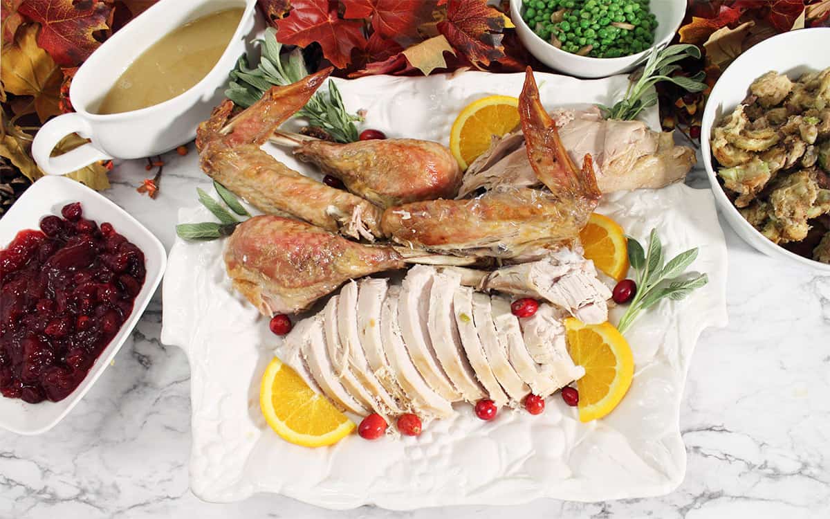 Sliced turkey with turkey legs on white platter.
