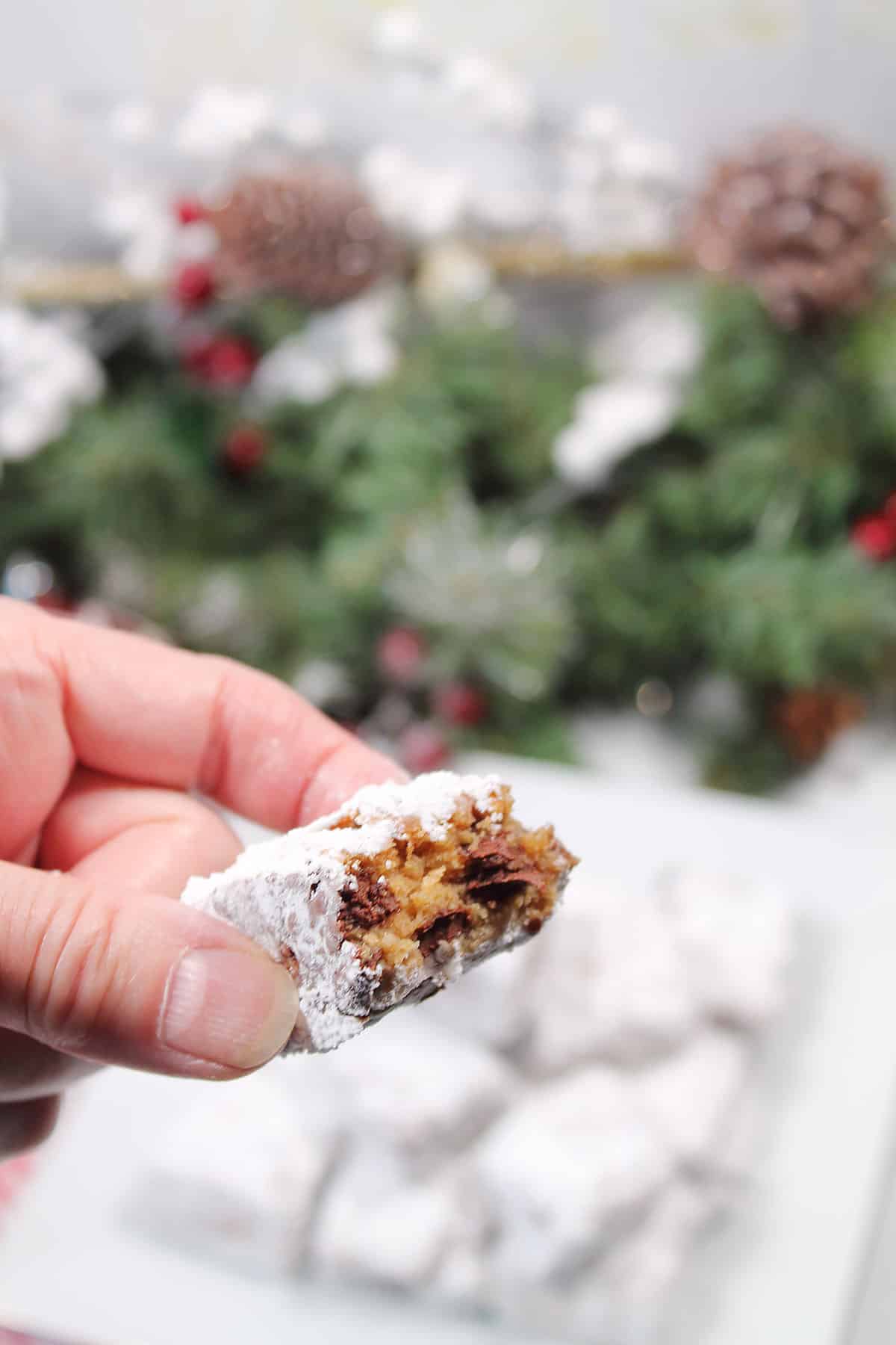 Holding a powdered sugar coated graham bar with a bite out of it.