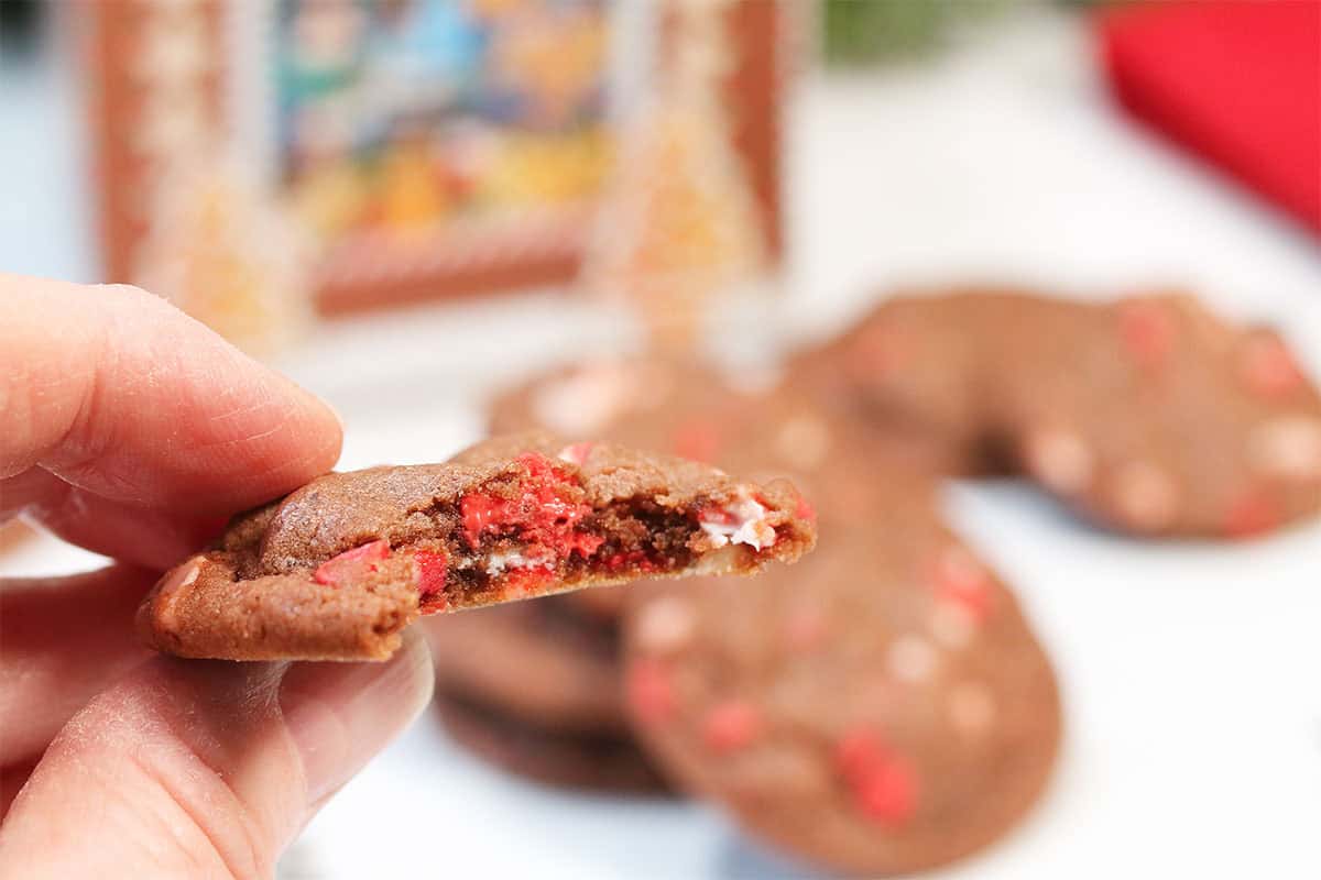 Holding chocolate peppermint cookie with bite out.