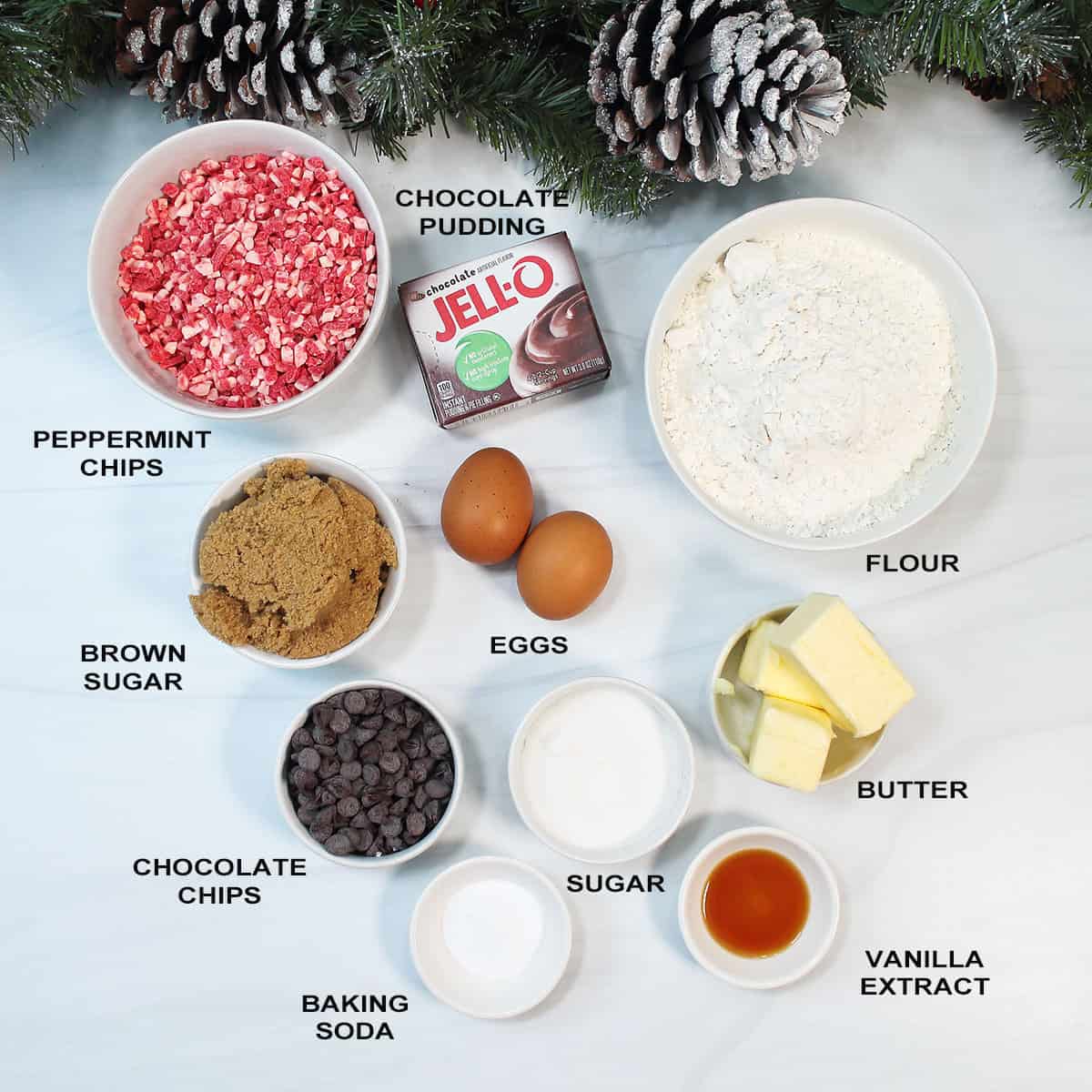 Ingredients for chocolate peppermint crunch cookies.