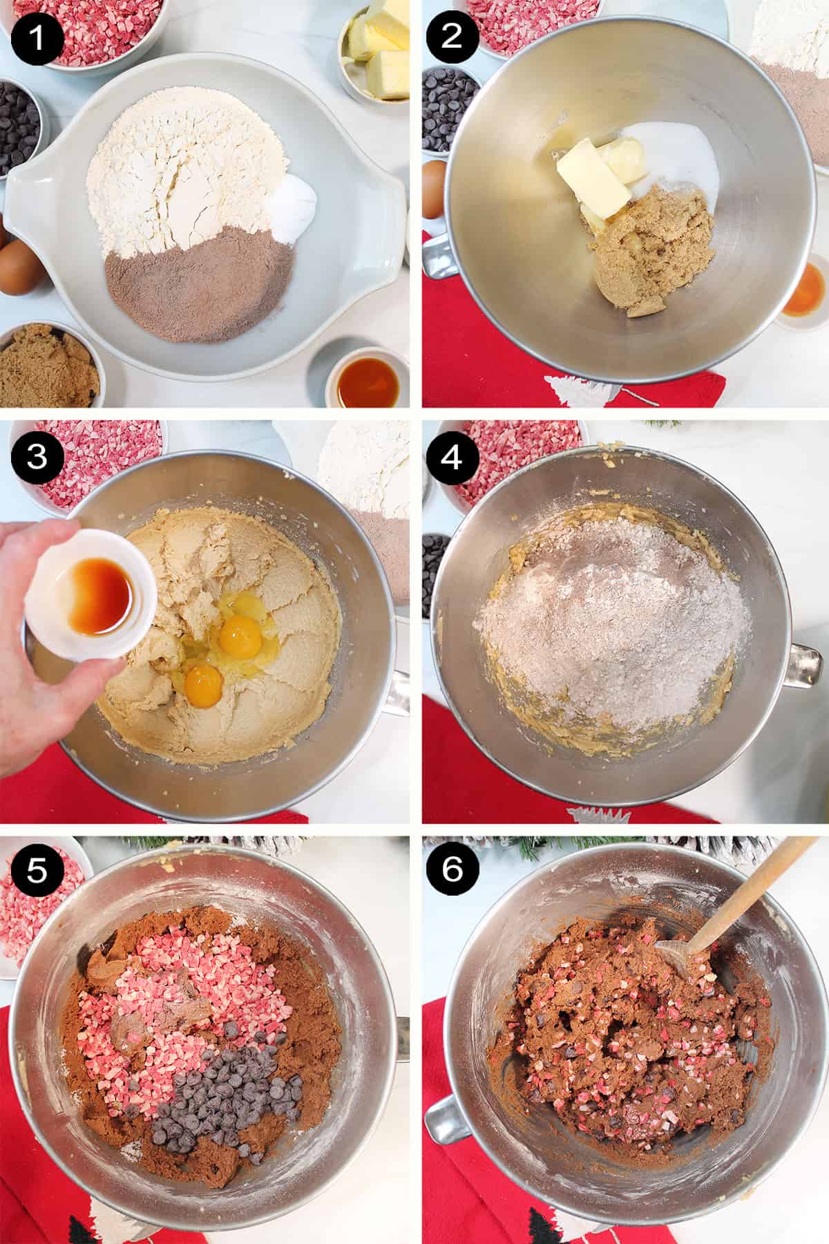 Prep steps to make double chocolate peppermint cookie dough.