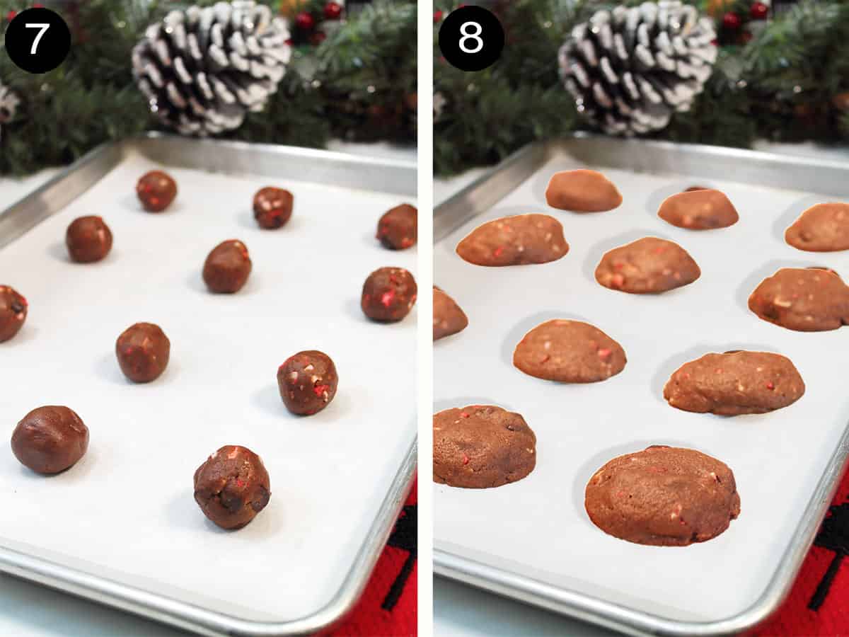 Unbaked and baked cookies on cookie sheets.