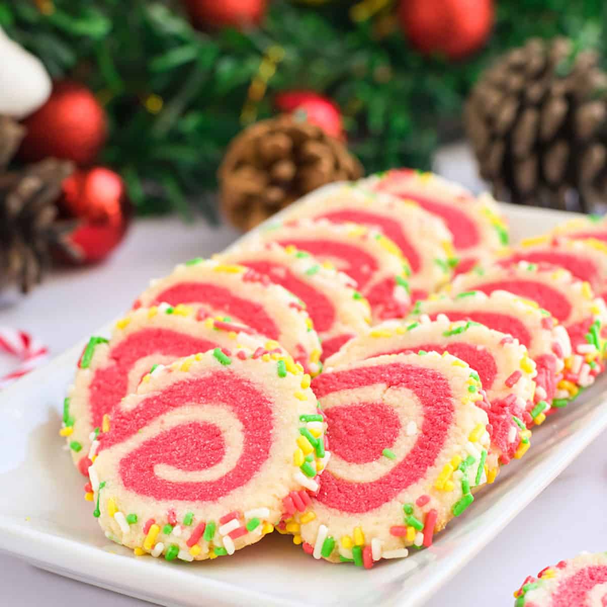 Closeup of peppermint pinwheel cookies.