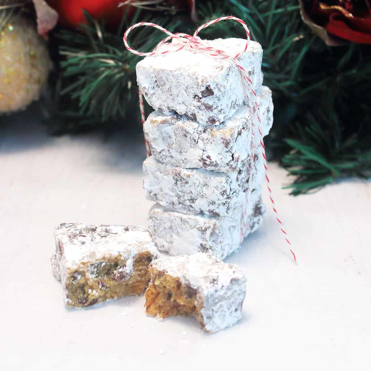 Stack of chocolate chip graham cracker bars tied with twine.