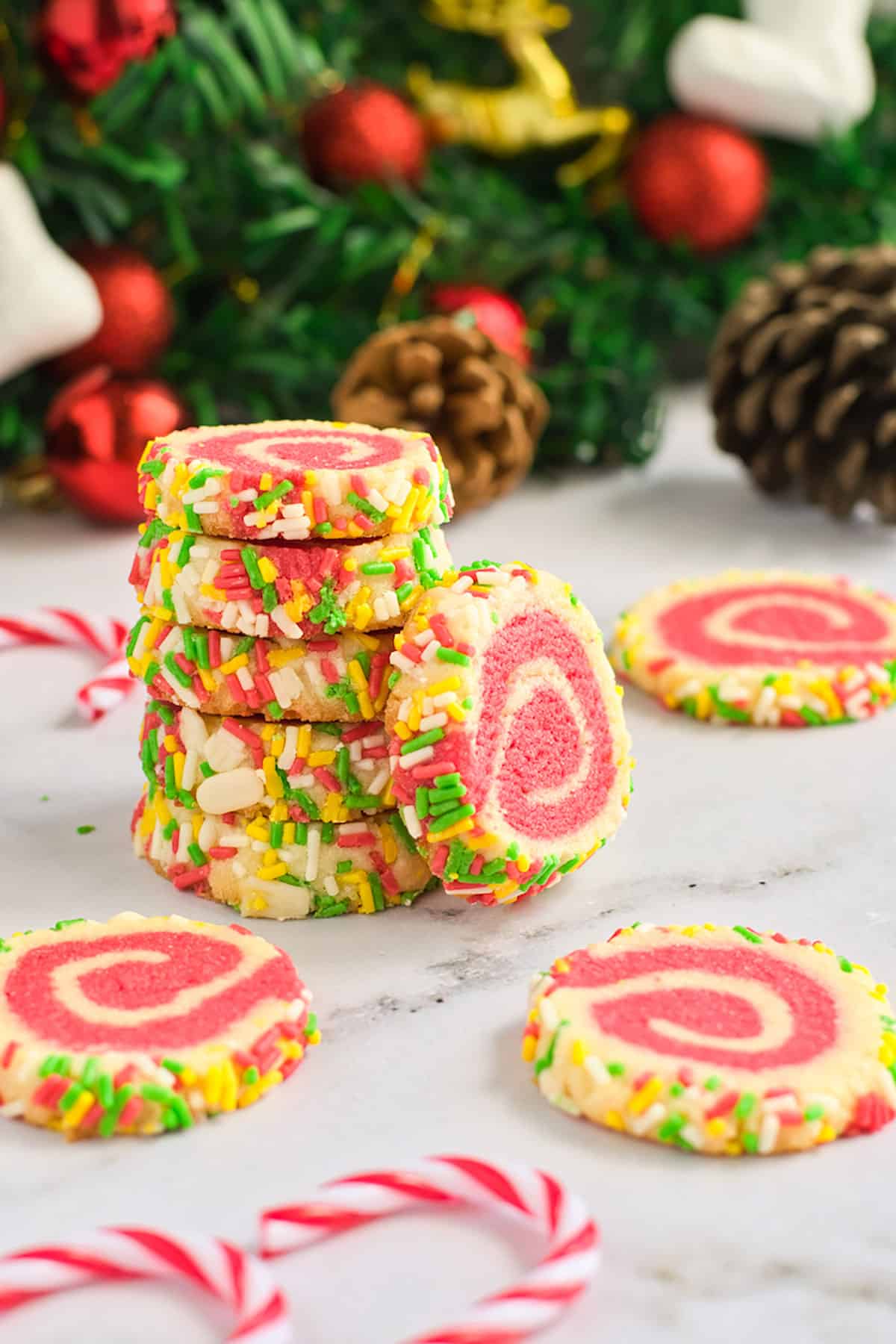 Stacked pinwheel swirl cookies.