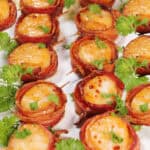 Platterful of air fryer bacon-wrapped scallops.