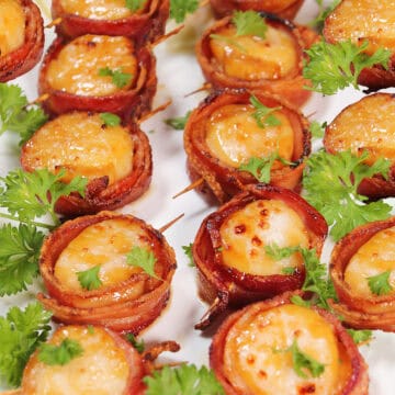 Platterful of air fryer bacon-wrapped scallops.