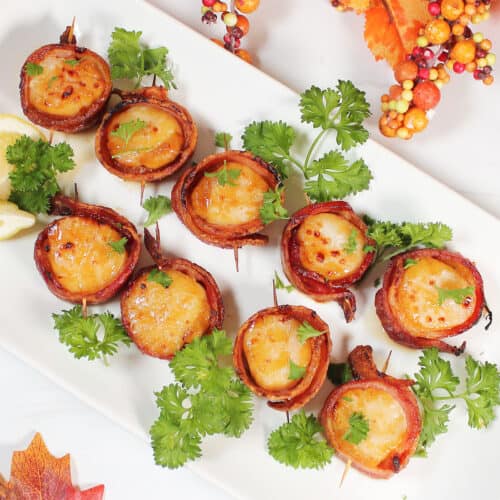 Air Fryer Bacon Wrapped Scallops on platter.
