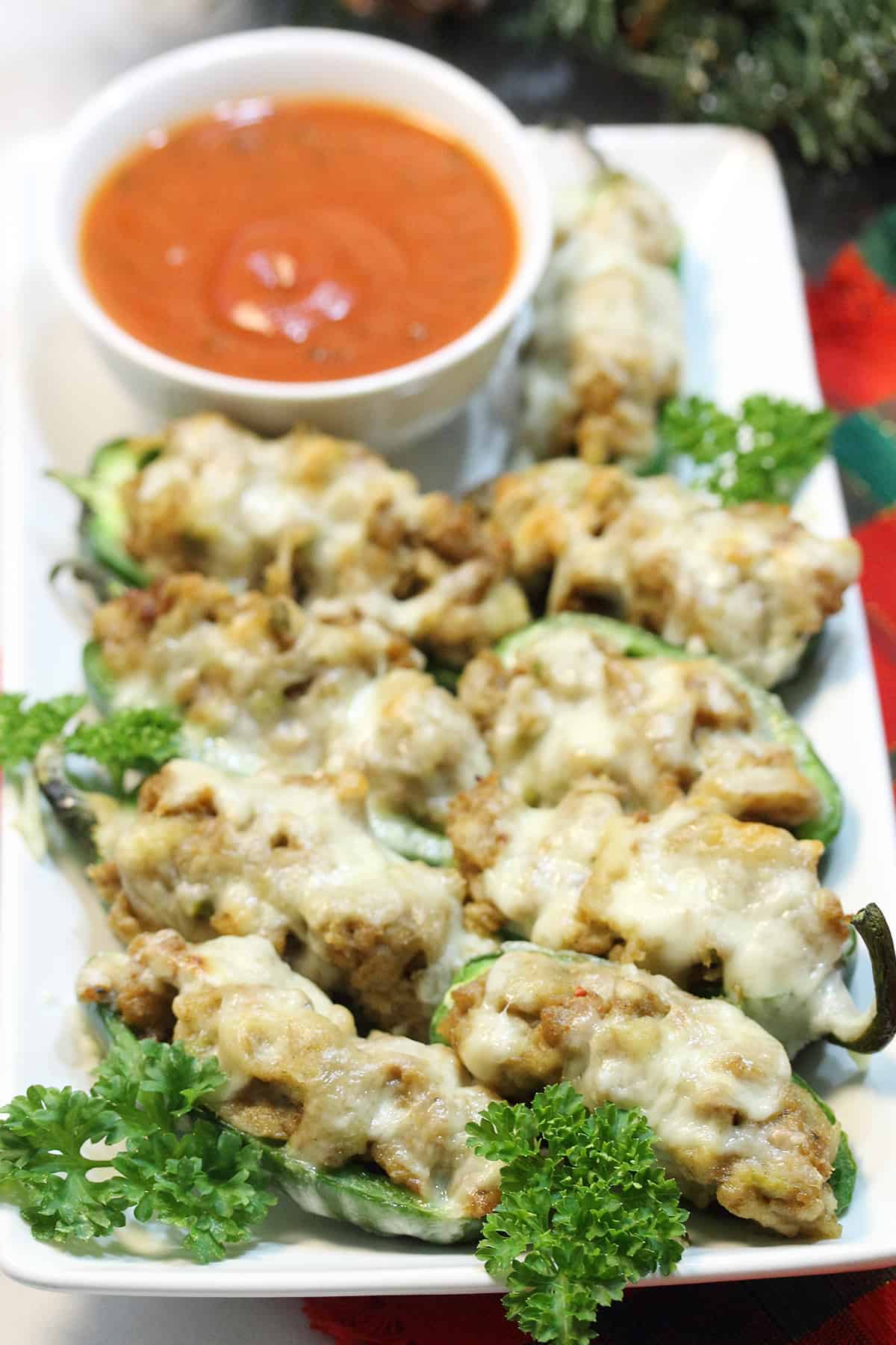 Plateful of poppers with marinara dipping sauce.