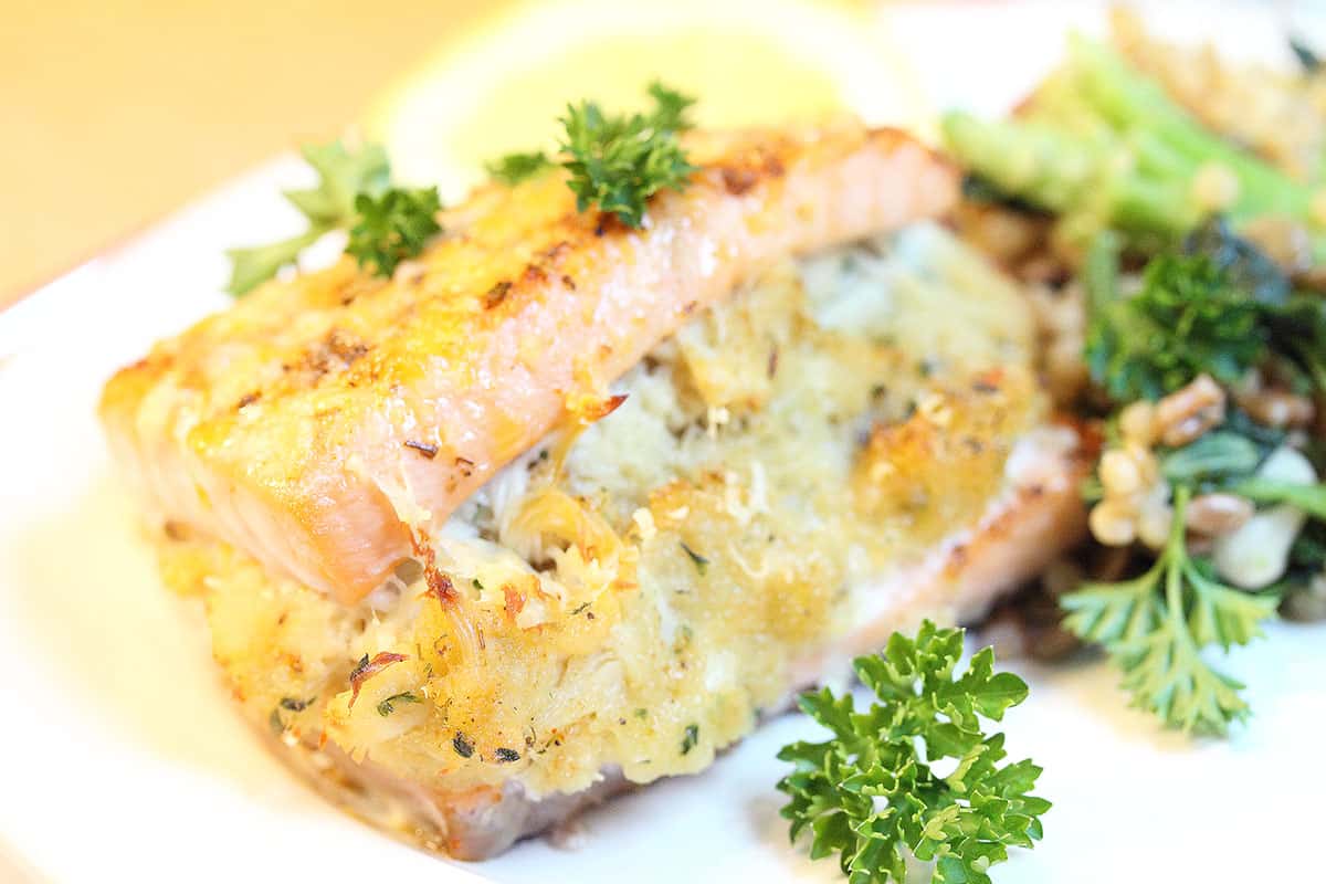 Closeup of moist salmon and crab stuffing.