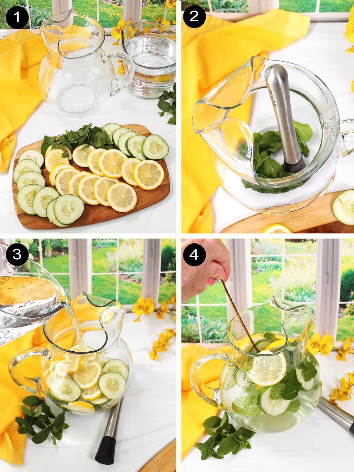 Lemon water with cucumber and mint prep steps.
