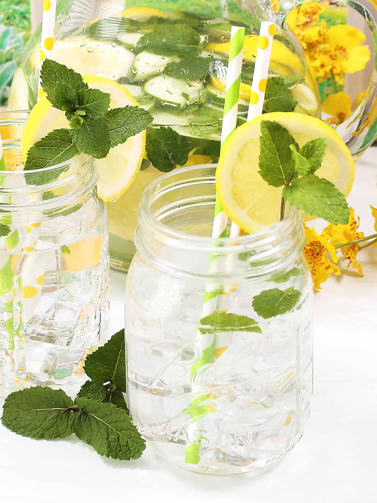 Single serving of Cucumber Lemon Mint Water in mason jar.