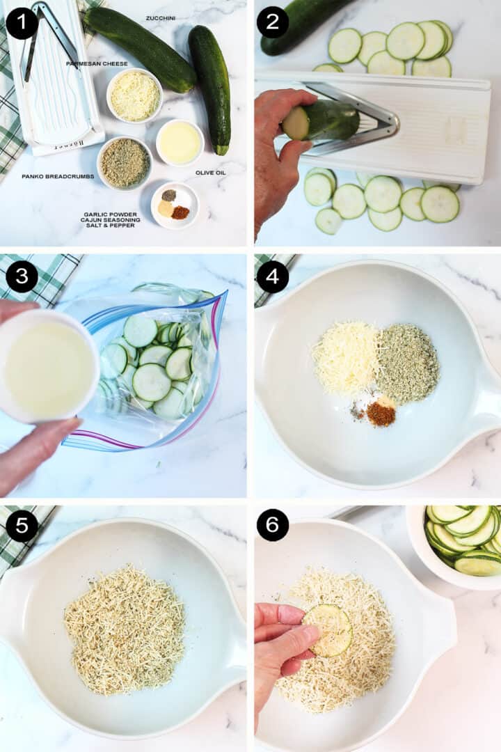 Collage depicting steps to make zucchini chips with parmesan.