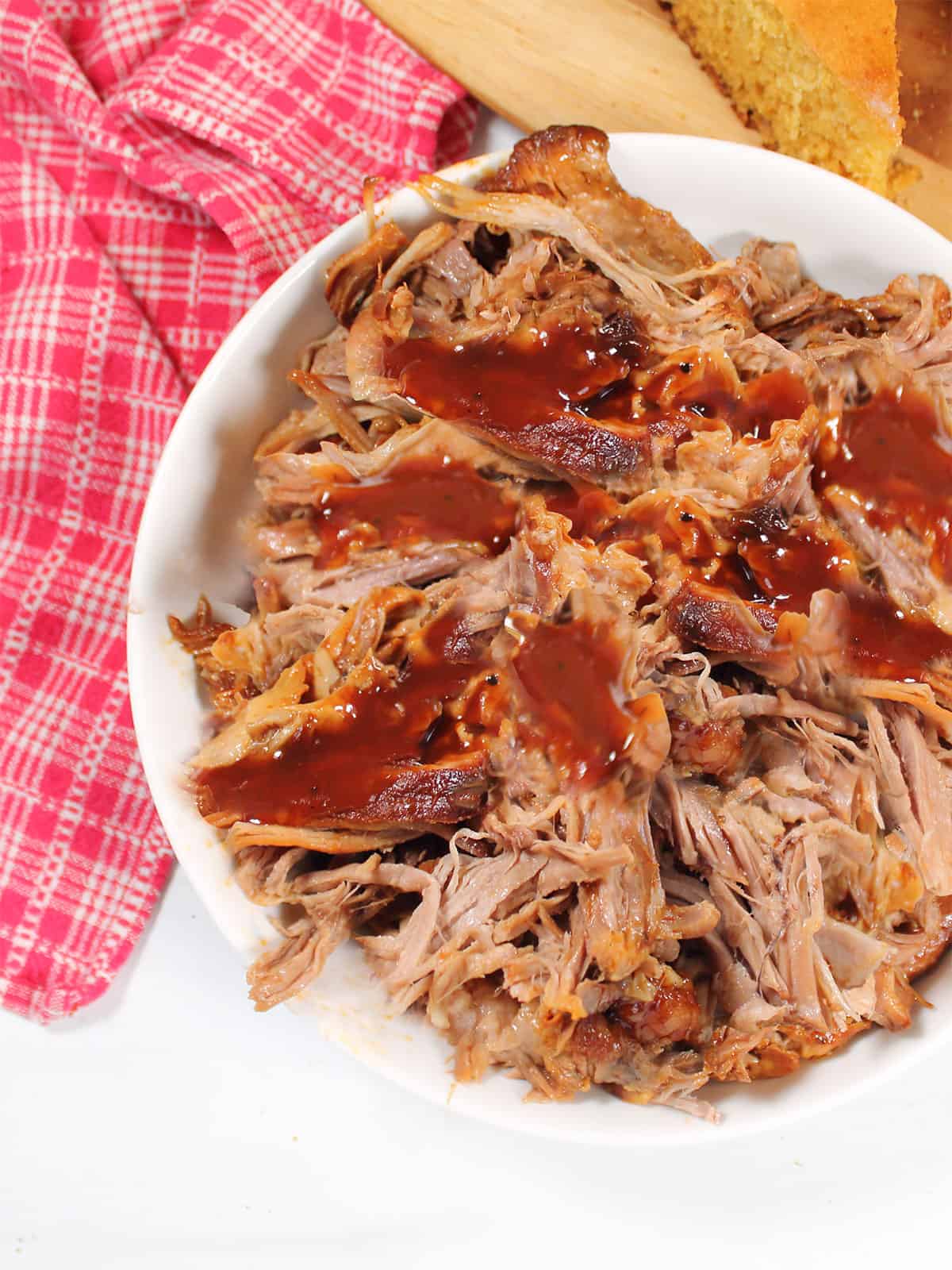 Closeup of BBQ pork in bowl.
