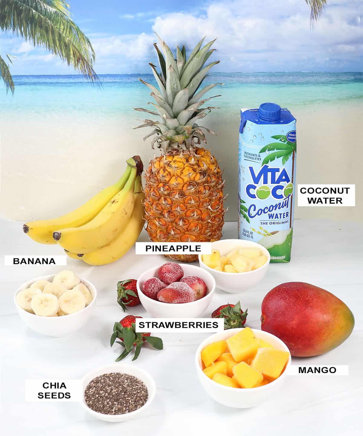 Ingredients for tropical fruit smoothie recipe.