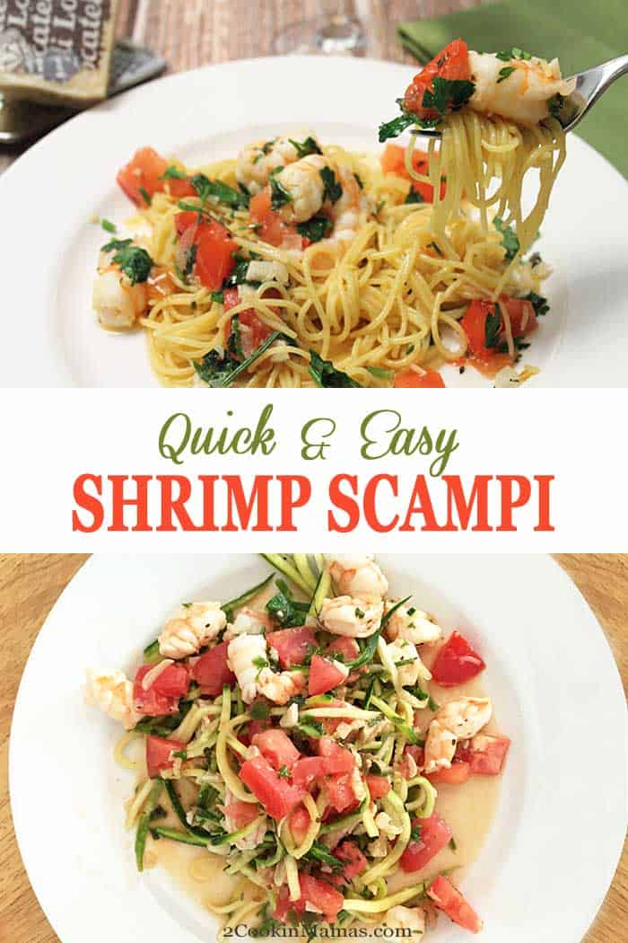 Shrimp Scampi | 2 Cookin Mamas You just can't beat fresh tomatoes, shrimp and herbs over pasta. Shrimp Scampi is quick, easy and nutritious. Perfect for any night of the week. #shrimp #shrimpdinner #seafooddinner #tomatoes #easydinner #pasta #recipe