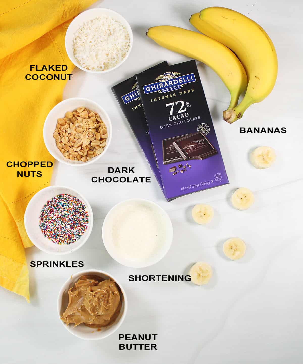 Chocolate covered peanut butter banana bites ingredients.