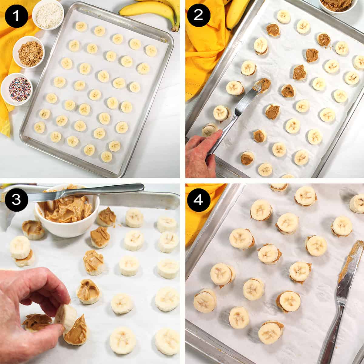 Prep steps to make frozen banana bites.